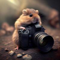 süß Hamster mit ein Kamera auf das Hintergrund von das Natur, ai generativ Bild foto