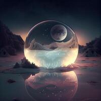Fantasie Landschaft mit Mond im Kristall Ball. 3d Wiedergabe., ai generativ Bild foto