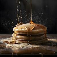 Pfannkuchen mit Honig und Karamell auf ein dunkel Hintergrund, schließen hoch, ai generativ Bild foto