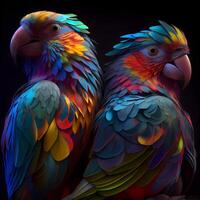 schön bunt Papageien auf ein schwarz Hintergrund. 3d Wiedergabe, ai generativ Bild foto