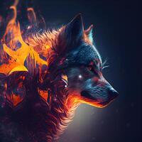 Illustration von ein Wolf Kopf mit Feuer bewirken im das Hintergrund., ai generativ Bild foto