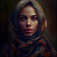 Porträt von ein schön jung Frau im ein Kopftuch., ai generativ Bild foto