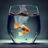 Goldfisch im ein Glas Schüssel mit Wasser und Luft Luftblasen auf grau Hintergrund, ai generativ Bild foto