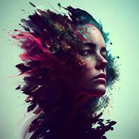 Porträt von ein schön Frau kombiniert mit Farbe spritzt und Flecken, ai generativ Bild foto