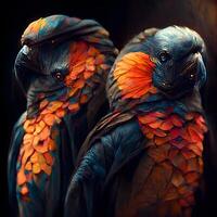 Ara Papageien auf ein schwarz Hintergrund. 3d Illustration., ai generativ Bild foto