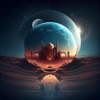 Fantasie Landschaft mit Moschee und Mond im das Wüste. 3d Wiedergabe, ai generativ Bild foto