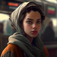Porträt von ein schön jung Frau mit ein Schal auf ihr Kopf, ai generativ Bild foto