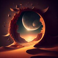 Fantasie Landschaft mit Planet und Mond. 3d Illustration. Jahrgang Stil., ai generativ Bild foto