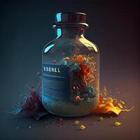 3d Illustration von ein Flasche mit ein Trank im das bilden von ein Explosion, ai generativ Bild foto