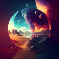 Fantasie Landschaft mit Planet, Sonne und Mond. 3d Wiedergabe, ai generativ Bild foto