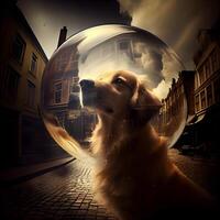 golden Retriever Innerhalb ein Kristall Ball mit ein Stadt im das Hintergrund, ai generativ Bild foto