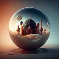Kristall Ball mit Moschee auf Blau Hintergrund. 3d machen Illustration., ai generativ Bild foto