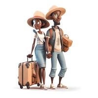 afrikanisch amerikanisch Paar im Sommer- Outfit mit Koffer isoliert auf Weiß Hintergrund, ai generativ Bild foto