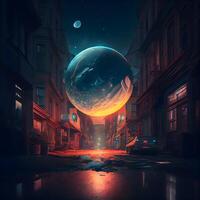 abstrakt Szene von ein Nacht Stadt mit ein Planet im das Center, ai generativ Bild foto