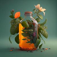 alkoholisch trinken im ein Glas Flasche mit Blumen und Blätter. Illustration., ai generativ Bild foto