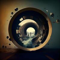 Fantasie Bild von ein Mann Stehen im ein Tunnel. 3d Wiedergabe, ai generativ Bild foto