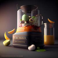 Mixer mit Früchte und Saft isoliert auf schwarz Hintergrund. 3d Illustration, ai generativ Bild foto