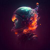 Astronaut im Raum Helm und bunt Explosion von Feuer. Illustration., ai generativ Bild foto