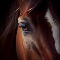 schließen oben von ein Pferd Auge mit lange Mähne auf ein schwarz Hintergrund, ai generativ Bild foto