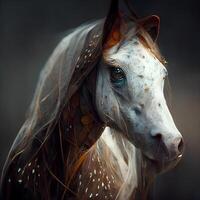 Porträt von ein Weiß Pferd mit lange Mähne auf dunkel Hintergrund, ai generativ Bild foto