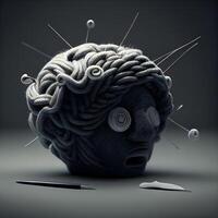 Mensch Gehirn mit Nadeln und Stifte auf grau Hintergrund. 3d Illustration, ai generativ Bild foto
