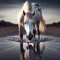 Weiß Pferd Trinken Wasser im das Wüste beim Sonnenuntergang. 3d Wiedergabe, ai generativ Bild foto