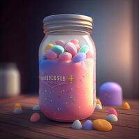 Mason Krug mit Süßigkeiten und Marshmallows. 3d Wiedergabe, ai generativ Bild foto