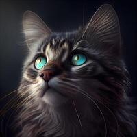 Porträt von Maine Waschbär Katze mit Grün Augen auf schwarz Hintergrund, ai generativ Bild foto