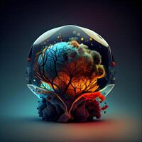 3d Illustration von ein Baum im ein Glas Ball auf ein dunkel Hintergrund, ai generativ Bild foto