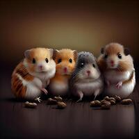 Hamster Familie auf ein dunkel Hintergrund. 3d machen Illustration., ai generativ Bild foto