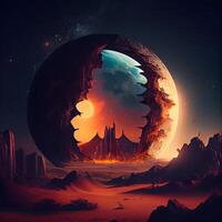 Fantasie Landschaft mit Planet und Mond. Digital malen. 3d Illustration., ai generativ Bild foto