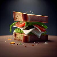 Sandwich mit Käse, Kopfsalat, Tomate und Zwiebel auf hölzern Tisch, ai generativ Bild foto