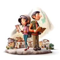 3d Illustration von ein jung Paar mit ein Rucksack und Hut, ai generativ Bild foto