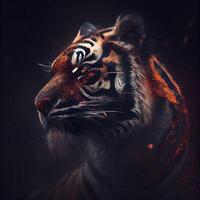 Porträt von ein Tiger mit Feuer bewirken auf ein schwarz Hintergrund., ai generativ Bild foto