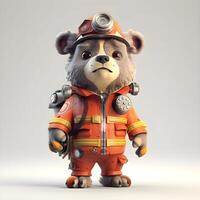 3d Illustration von ein süß Teddy Bär gekleidet wie ein Feuerwehrmann, ai generativ Bild foto