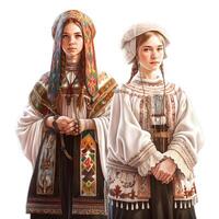 zwei Mädchen im traditionell Russisch Kleidung. isoliert auf Weiß Hintergrund., ai generativ Bild foto