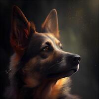Porträt von ein Deutsche Schäfer Hund auf ein dunkel Hintergrund., ai generativ Bild foto