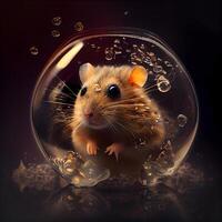 Hamster im ein Glas Schüssel mit Wasser Tropfen auf ein schwarz Hintergrund, ai generativ Bild foto