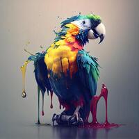 bunt Ara Papagei mit spritzt von Farbe auf grau Hintergrund, ai generativ Bild foto