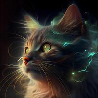 Fantasie Katze mit Grün Augen und Magie Beleuchtung auf ein schwarz Hintergrund, ai generativ Bild foto