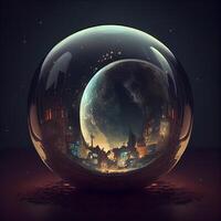 Magie Kristall Ball mit Schloss im das Hintergrund. 3d Illustration., ai generativ Bild foto