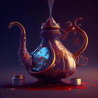 Arabisch Teekanne auf ein dunkel Hintergrund. 3d Wiedergabe, ai generativ Bild foto