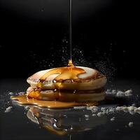Pfannkuchen mit Honig gegossen auf ein Weiß Hintergrund, schließen hoch, ai generativ Bild foto