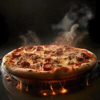 Scheibe von Pizza auf ein schwarz Hintergrund mit spritzt von Wasser, ai generativ Bild foto