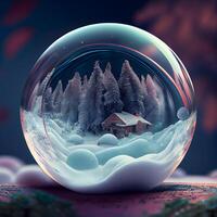 Schnee Globus mit Wald und Haus im das Schnee, 3d machen, ai generativ Bild foto