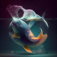 Delfin im das Wasser auf ein dunkel Hintergrund. 3d Wiedergabe, ai generativ Bild foto