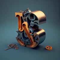 mechanisch Alphabet gemacht von Metall auf Blau Hintergrund. 3d Illustration, ai generativ Bild foto