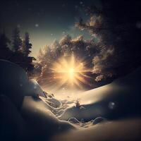 Winter Landschaft mit Schnee bedeckt Bäume und Strahlen von Licht. Elemente von diese Bild möbliert durch NASA, ai generativ Bild foto