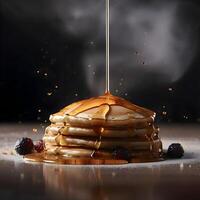 Pfannkuchen mit Honig und Ahorn Sirup auf ein dunkel Hintergrund., ai generativ Bild foto
