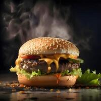 groß lecker Cheeseburger mit Rindfleisch, Käse und Gemüse auf schwarz Hintergrund, ai generativ Bild foto